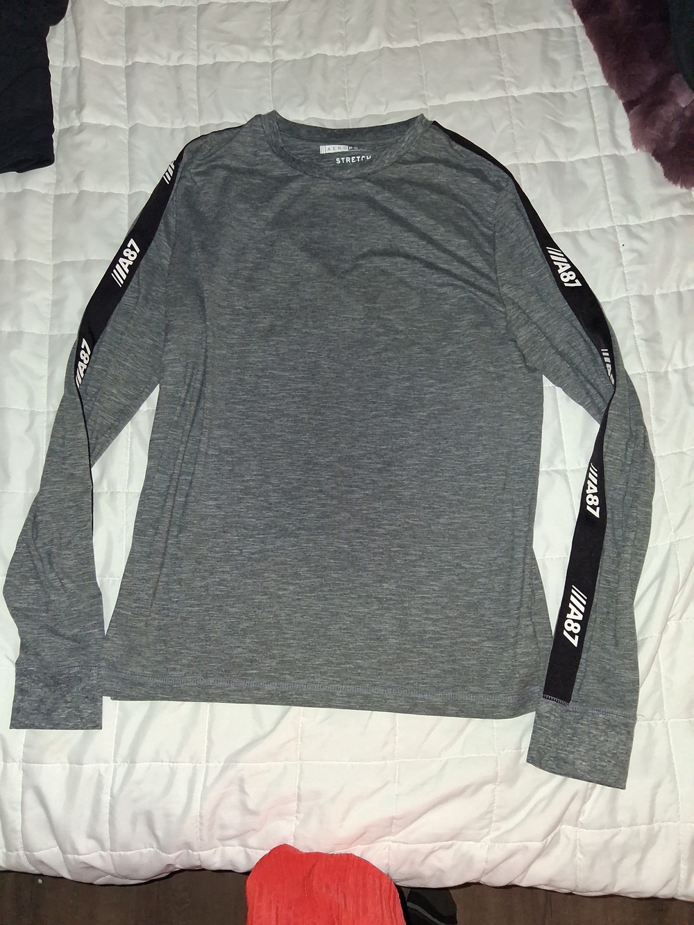 Aeropostale Grey Long-Sleeve Athletic Tee with Black A87 Stripe